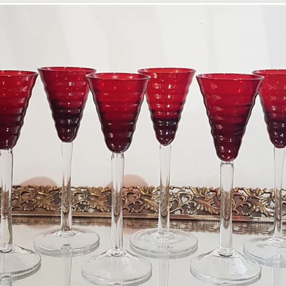 Vtg Cranberry Red Shot Liqueur Glasses - Bee Hive Ribbed Design, Set of 6